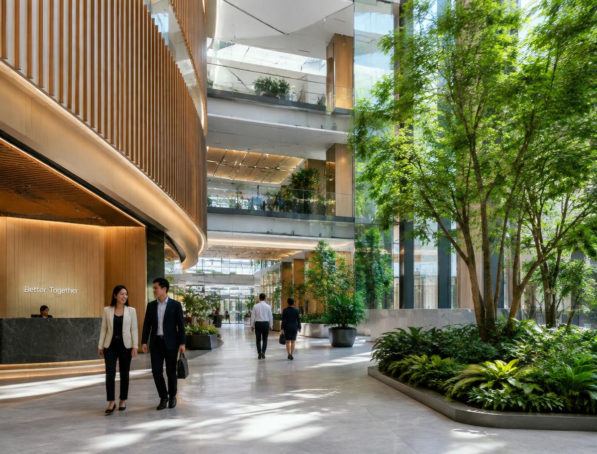 Professionals walking through a green office atrium