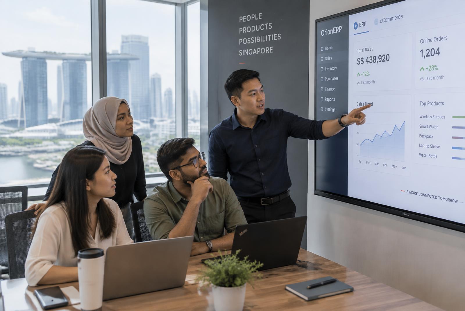 Singapore team reviewing sales and online orders on a shared screen