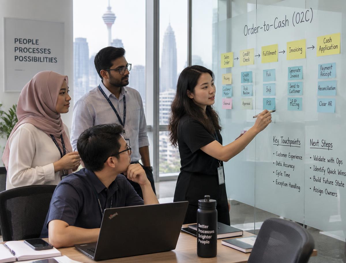 Team mapping an order-to-cash process on a glass wall